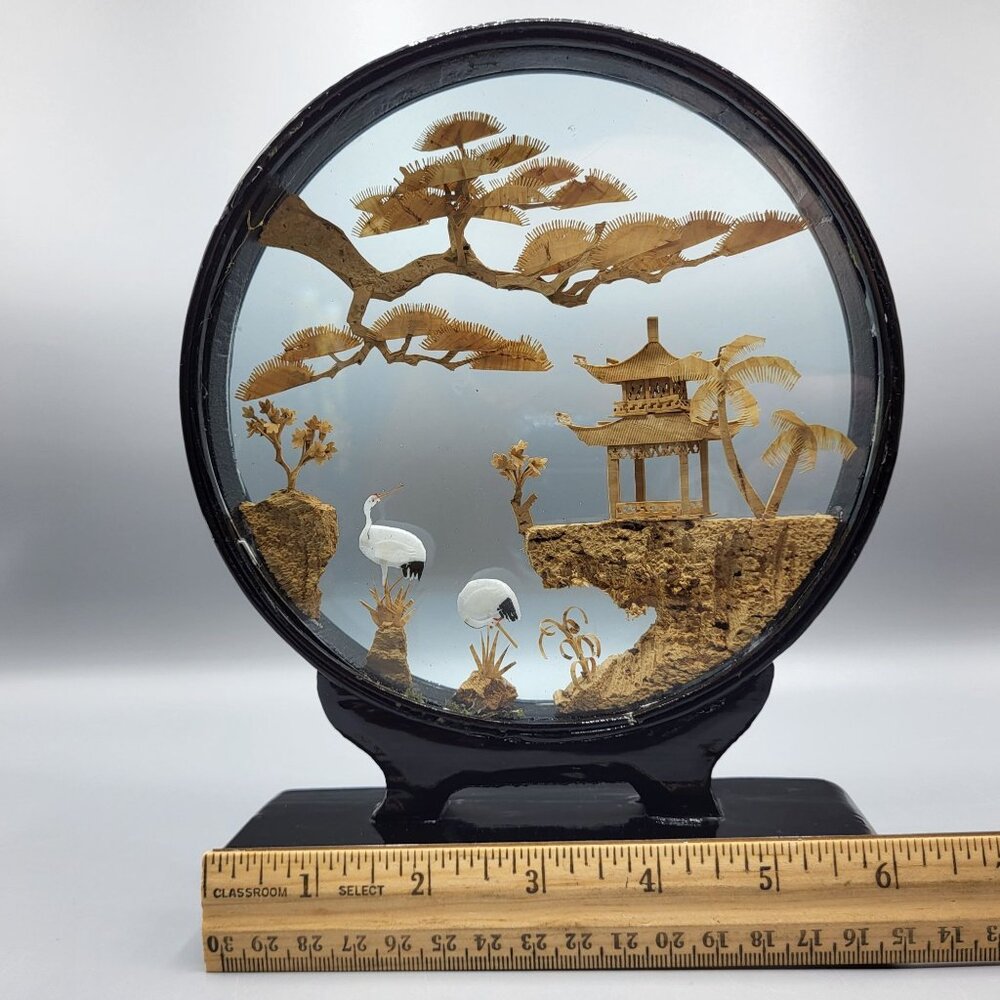 Vtg Chinese Hand Carved Cork Diorama Cranes Black Lacquer Art Stand 8.5" x 6.25" - Picture 12 of 13